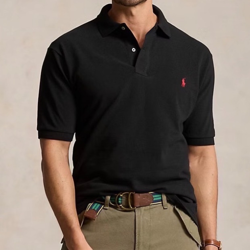 Polo Ralph Lauren Mens Custom Fit Black Pique Polo Shirt Red Pony Size Medium